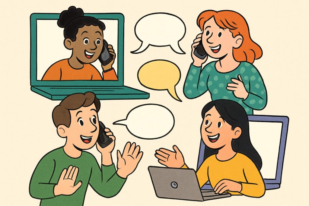 Cartoon image of four people on computers or phones communicating with each other with blank talking bubbles between them