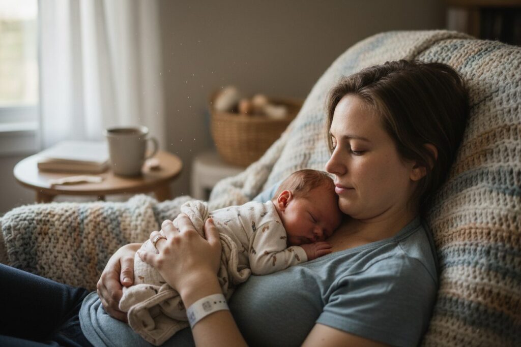 Woman with brown hair, lounging on a comfy chair, looking down at a newborn sleeping on her chest.