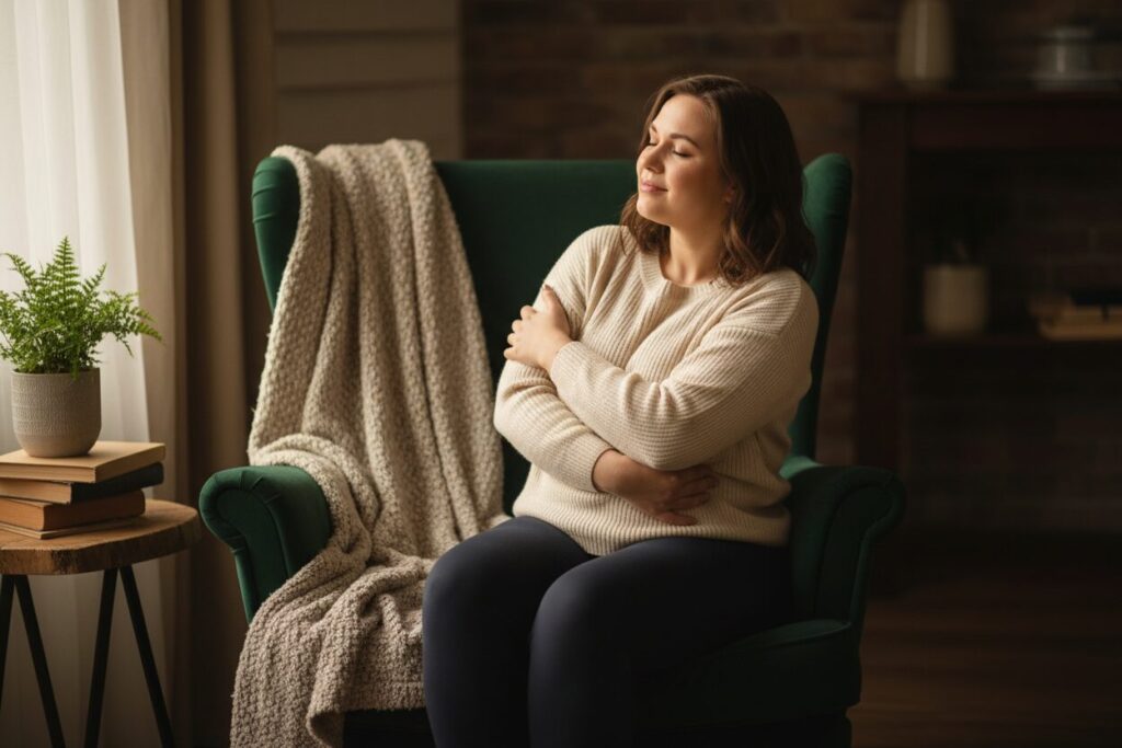 Brown haired woman sitting on a comfy green chair, with eyes closed and a gentle smile on her face while hugging herself.